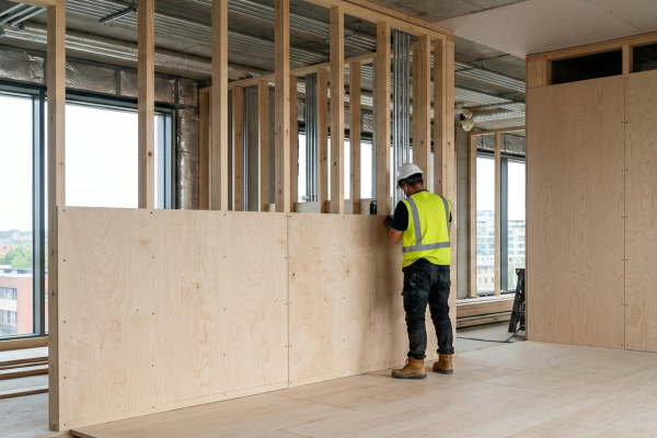 Plywood for Construction Applications Worker installing plywood panels on an interior construction frame