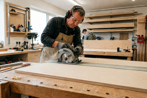Plywood for DIY Projects Craftsman cutting a plywood panel with a circular saw in a woodworking workshop