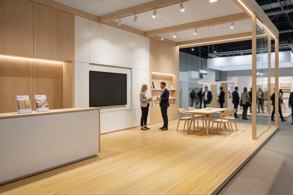 Plywood for Exhibition Stands Exhibition stand interior with light wood wall panels, flooring and furniture