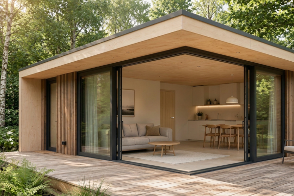 Plywood for Façades Modern building façade with light wood cladding and large glazed openings