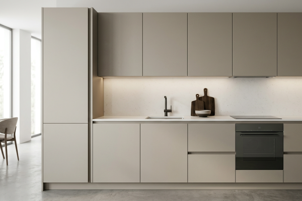 Plywood for Kitchens Modern minimalist kitchen with integrated plywood cabinetry and upper cabinets