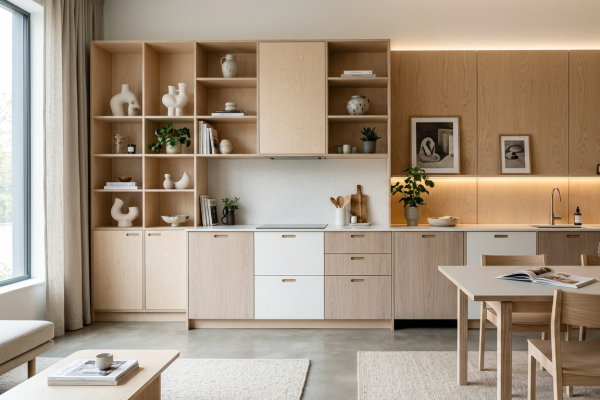 Plywood for Lamination Modern interior cabinetry with smooth decorative wood and light-coloured panel surfaces