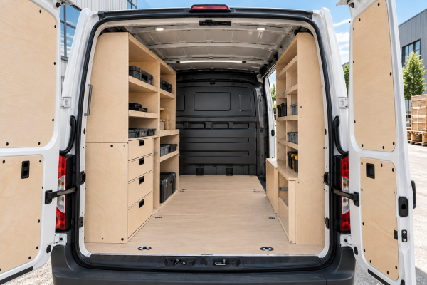 Plywood for Light Commercial Vehicles Cargo van interior with plywood shelving, drawers and floor lining for commercial vehicle fit-out
