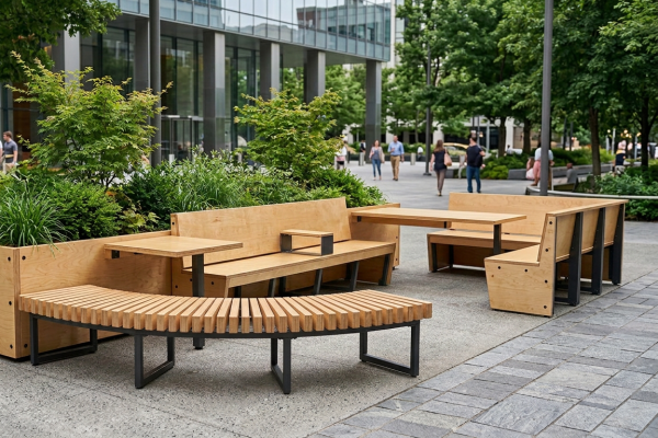 Plywood for Outdoor Furniture Outdoor furniture made with plywood panels in a landscaped public space